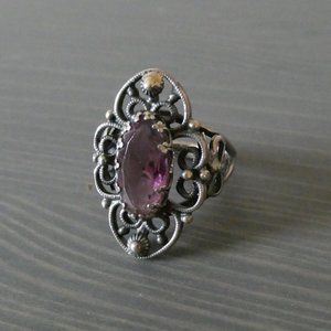 VTG Sterling Silver Amethyst Purple Stone Ring Ornate Wire Art Nouveau Size 6